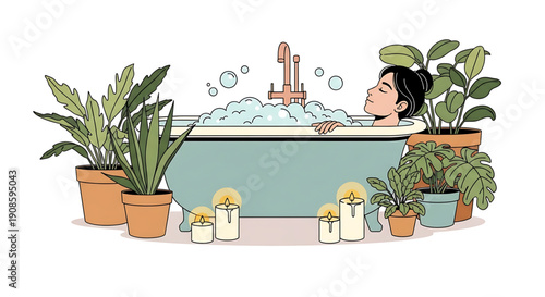A woman relaxes in a bubble bath surrounded by potted plants and candles on a pink floor with a green tub