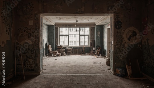 Abandoned Room With Dirty Walls and Broken Furniture in a Vacant Building During Daylight Hours