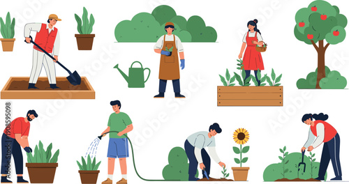Flat Vector Illustration of Diverse People Gardening Outdoors Planting Vegetables Watering Flowers Digging Soil Harvesting Fruit and Maintaining Home Garden for Sustainable Lifestyle Concept