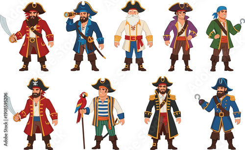 Large Set of Brave Pirate Characters and Sea Captains Featuring Eye Patches Hooks Wooden Legs Parrots and Sabers for Maritime Adventure and Nautical Storytelling Design