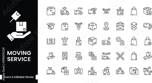Moving service icon set with delivery truck cardboard box drone shipping package warehouse logistics distribution courier transportation mail house relocation