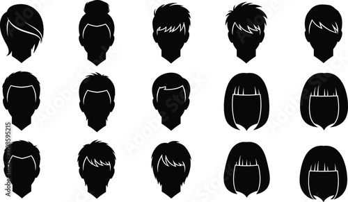 Large Set of Black Head Silhouettes Featuring Various Modern Haircut Styles for Men and Women Salon Branding Haircare Identity and Fashion Profile Concept