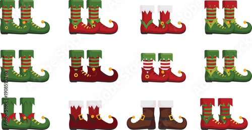 Large Set of Colorful Elf Boots and Christmas Shoes with Striped Socks and Jingle Bells for Holiday Costume Design Greeting Cards and Winter Seasonal Celebration Concept