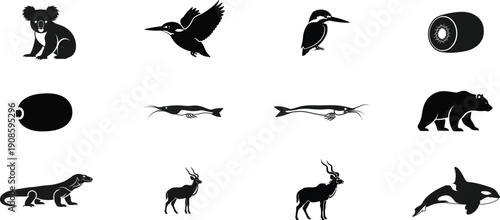 Silhouette icons of various animals and objects