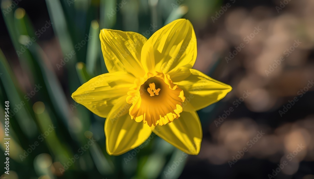 Fototapeta premium Macro close-up of yellow daffodil blossom with trumpet-shaped corona and frilled edges on soft blurred green leaves background with copy space 