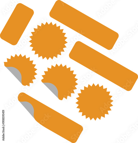 A collection of orange shapes including rectangles and spiky circular forms on a white background.