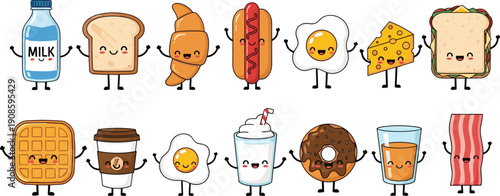 Large Set of Cute Kawaii Breakfast Food and Drink Characters Featuring Milk Toast Croissant Egg Waffle and Coffee for Kids Cafe Menu and Nursery Kitchen Decor