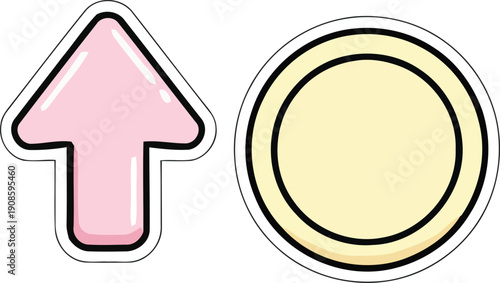 A pink arrow pointing upwards next to a yellow circle on a white background.