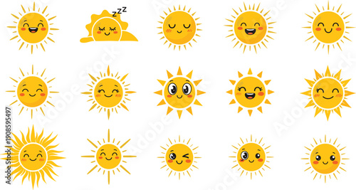 Large Set of Cute Sun Emoji Characters with Different Facial Expressions and Various Ray Designs for Summer Weather Forecast Kids Education and Positive Emotion Concept