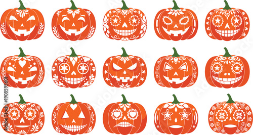 Large set of fifteen orange Halloween pumpkins with decorative white sugar skull patterns and spooky faces, isolated flat vector illustration for holiday design.