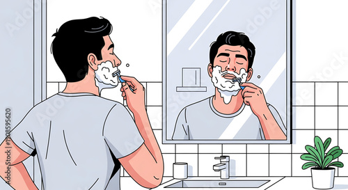 Man shaving face with shaving cream in bathroom with mirror and white tiles on wall