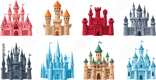 Large Set of Magical Fantasy Castles and Medieval Fortresses in Various Architectural Styles for Fairy Tale Storytelling Kids Nursery Wall Art and Game Design Concept