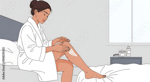 Woman applying lotion to her leg while sitting on bed in a cozy bedroom with a nightstand and window