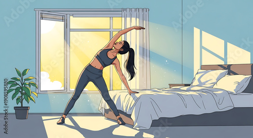 Woman stretching in bedroom with sun shining through window in morning