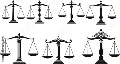 Set of Black Scales of Justice Silhouettes Featuring Various Ornate and Classical Balance Designs for Law Firm Branding Judicial Systems and Legal Concept Icons