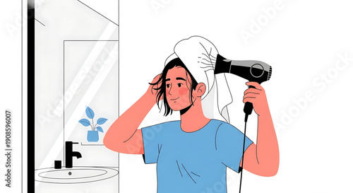 A man styling his hair with a blow dryer in a bathroom