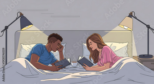 Couple lying in bed together at night reading and using their devices with lamps on either side of the bed
