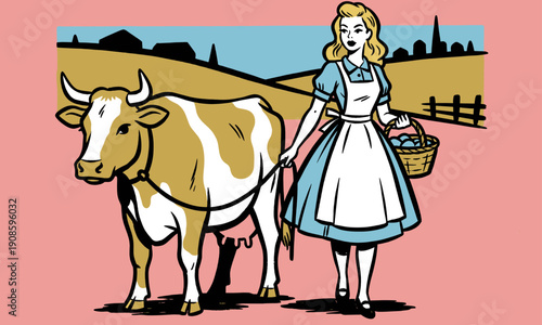 Retro comic pop art illustration of a pinup farm girl leading a cow in a rural landscape, vintage style livestock farming graphic.