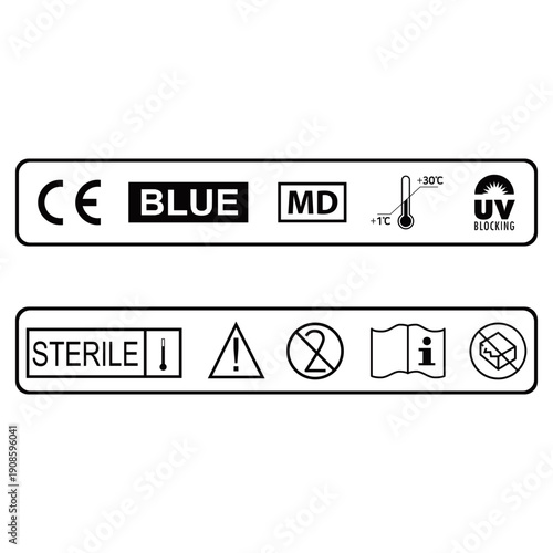 Medical device labels with sterile and warning symbols