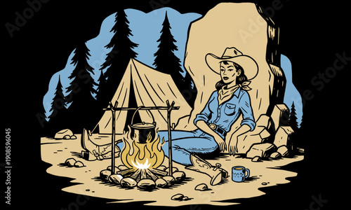 Vintage illustration of a cowgirl camping in the woods, enjoying solitude by a campfire. Retro outdoor adventure graphic.