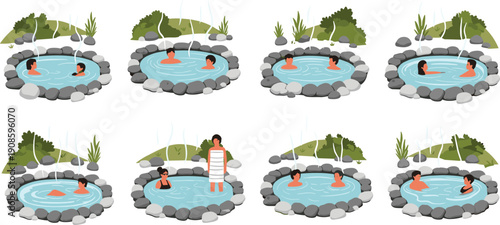 Set of People Relaxing in Natural Hot Springs Outdoor Onsen Bathing with Volcanic Stones and Steam for Wellness Spa Tourism and Japanese Travel Concept
