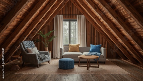 Cozy Living Space With Wood Walls and Natural Light in an Attic Setting