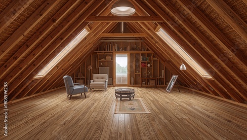 Cozy Attic Space With Wooden Beams and Furniture for Relaxation and Work