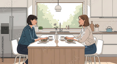 Two women sitting at a kitchen table eating breakfast together in a modern kitchen with a large window