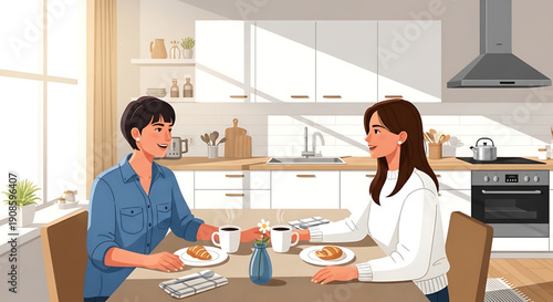 Couple enjoying a meal together in a modern kitchen with a warm atmosphere and natural light