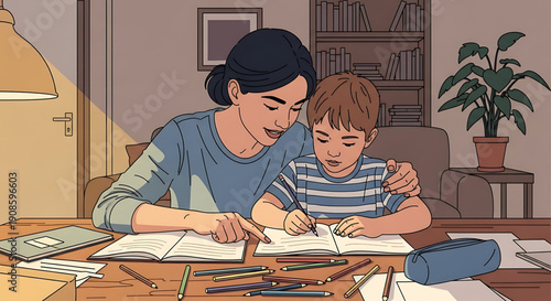 Woman and a young boy sitting at a desk drawing and coloring with pencils and crayons together at home