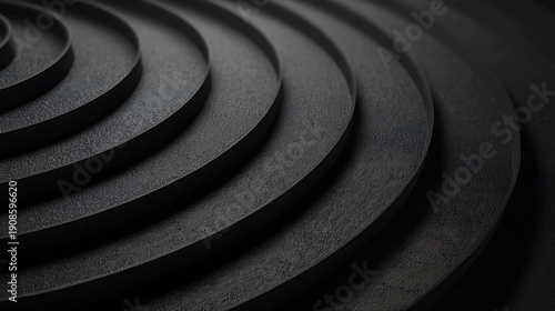 Abstract 3D black concentric circular steps background with grainy matte texture