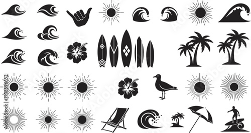Collection of tropical vacation and summer icons including waves, surfboards, palm trees, and sun