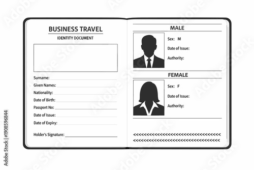 Business travel passport template illustration with male and female profiles, personal data fields and identity information. Corporate travel document mockup design.