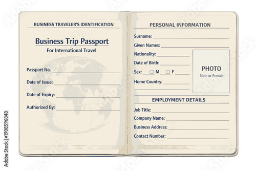 Business trip passport template illustration with personal information and employment details. Travel document mockup design for international business travel and corporate use.