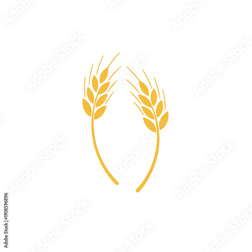 Golden wheat ears illustration in minimal flat style. Natural agriculture symbol representing harvest, farming, organic food and grain production on white background.