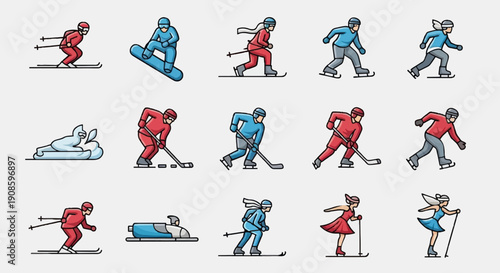 A colorful vector graphic illustration of various winter sports athletes in action poses.