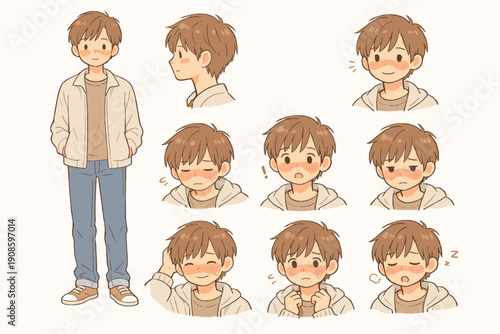 Cute anime style boy character sheet with full body view and multiple facial expressions. Cartoon illustration isolated on light background.