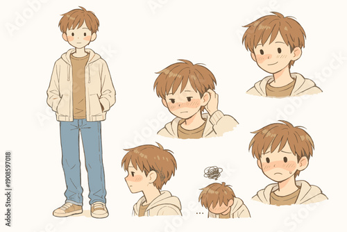 Cute cartoon boy character illustration set showing different poses and facial expressions. Soft pastel style character design for storytelling, comics, education and kids projects.