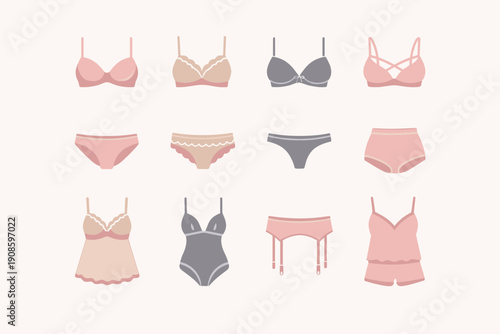 Set of women lingerie flat icons including bras, panties, bodysuit, garter belt and sleepwear in soft pastel colors, isolated on light background.