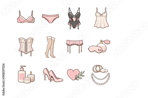 Set of women lingerie and fashion accessories icons including bra, panties, corset, stockings, perfume, high heels and jewelry in soft pastel colors.