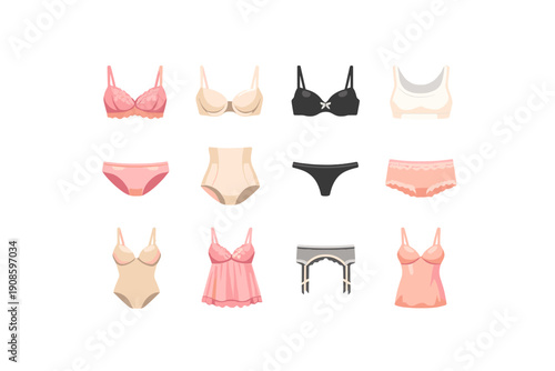 Set of women lingerie flat icons including bras, panties, bodysuit, garter belt and nightwear in soft pastel colors, isolated on light background.