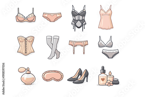 Set of women lingerie and fashion icons including bras, panties, corset, garter belt, stockings, perfume and high heels in soft pastel tones.