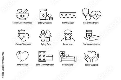 Set of senior healthcare outline icons including nursing home, elderly medicine, pill organizer, caregiver support, patient care and long term treatment.