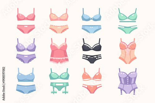 Set of colorful flat lingerie icons including bras, panties and corsets in pastel tones, isolated on light background. Women underwear fashion collection.
