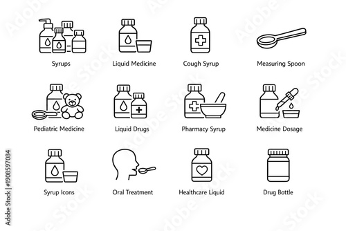 Set of 12 pharmacy line icons featuring syrup, liquid medicine, cough treatment, dosage tools and pediatric drugs, isolated on light background.