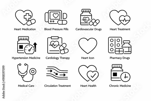 Healthcare and cardiology line icon set with heart medication, blood pressure pills, cardiovascular therapy, pharmacy drugs and medical treatment. Outline vector icons.