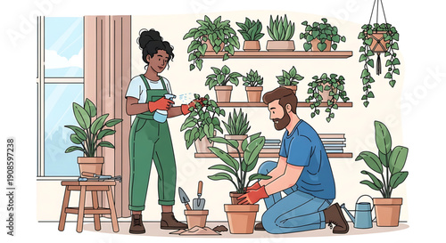 Two people gardening together in a room with many plants on shelves and pots on the floor with a window