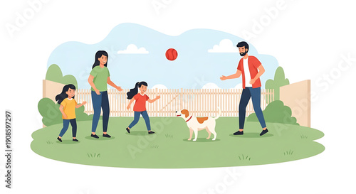 A family with two children and a dog playing with a ball on a green lawn in a park on a sunny day with a fence and trees