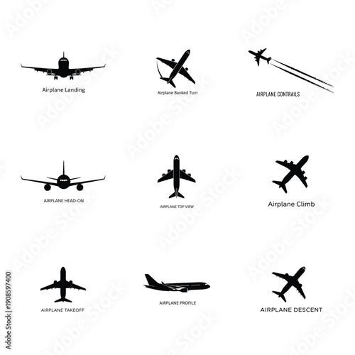Airplane Silhouette Set Showing Takeoff Landing and Flight Angles Vector Illustration.