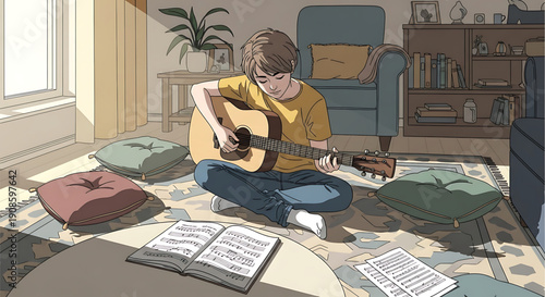 Teenager sitting on floor playing acoustic guitar in cozy living room with books and cushions scattered around him